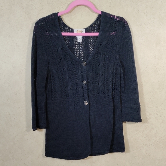 11136 Tablots indigo blue mercerized cotton 3/4 sleeve cardigan L - Picture 1 of 12